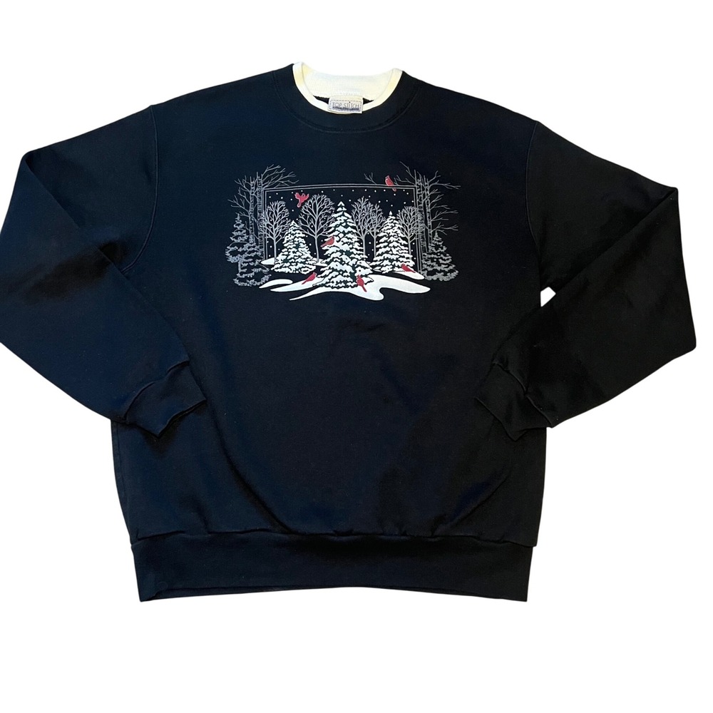 VTG 90s Top Stitch Morning‎ Sun Black Cardinal Christmas Sweatshirt Womens Large